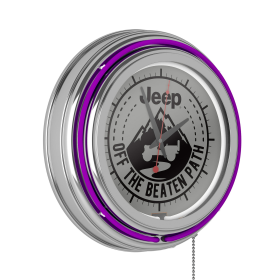 Neon Wall Clock-Jeep Black Mountain Double Rung Analog Clock with Pull Chain-Pub, Garage, or Man Cave Accessories (Purple)