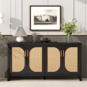 Modern TV Stand for 65-inch TV with Rattan Doors, Adjustable Shelves, Entertainment Center, Storage Sideboard, Cabinet for Living Room (Color: Black)