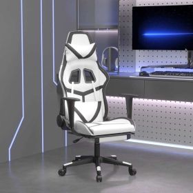 Massage Gaming Chair with Footrest White&Black Faux Leather (Color: Black)