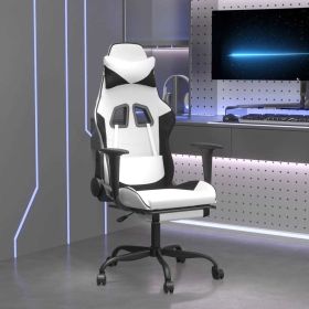 Gaming Chair with Footrest White and Black Faux Leather (Color: White)