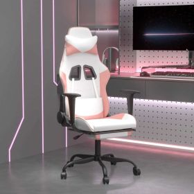 Massage Gaming Chair with Footrest White&Pink Faux Leather (Color: Pink)