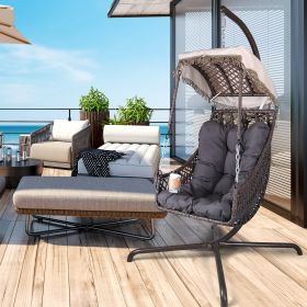 Swing Egg Chair with Stand Indoor Outdoor, UV Resistant Cushion Hanging Chair with Cup Holder (Color: Brown)